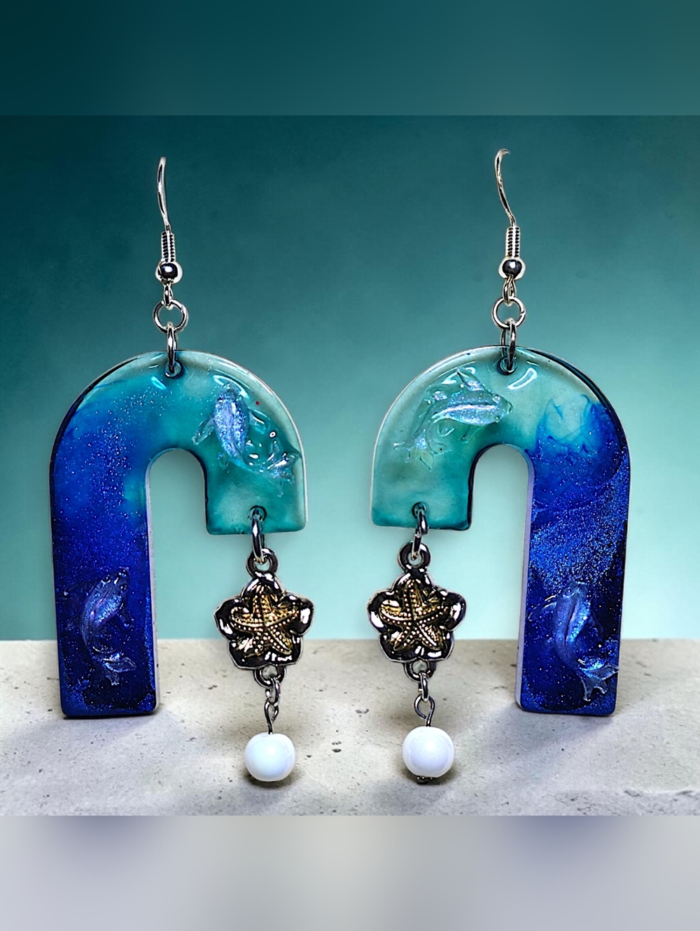 Asymmetrical Ocean Resin Earrings with Starfish